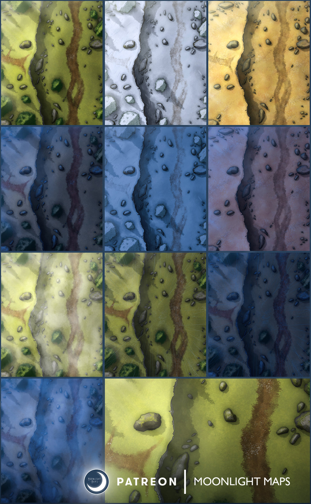 a view of all 10 variants of the ambush ridge battlemap for fantasy ttrpgs