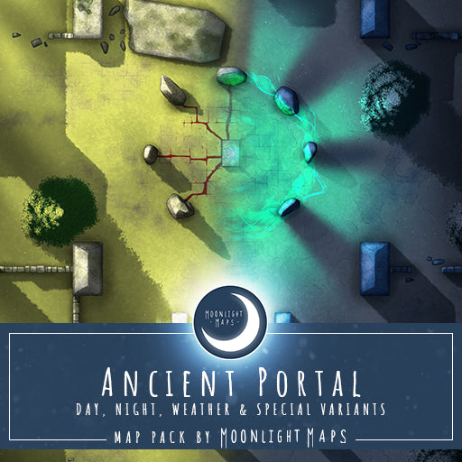 battlemap of an ancient portal, split between the open portal on the right and the closed portal on the left. 