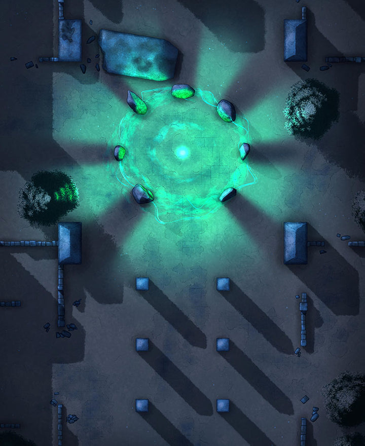 Ancient Portal variant including a green glow at night, with the portal open.