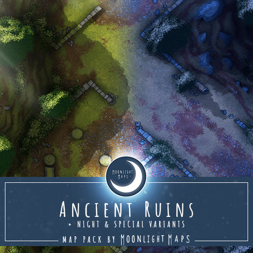 Two variants of the Ancient Ruins battlemap in one picture, one daytime and one night time. 