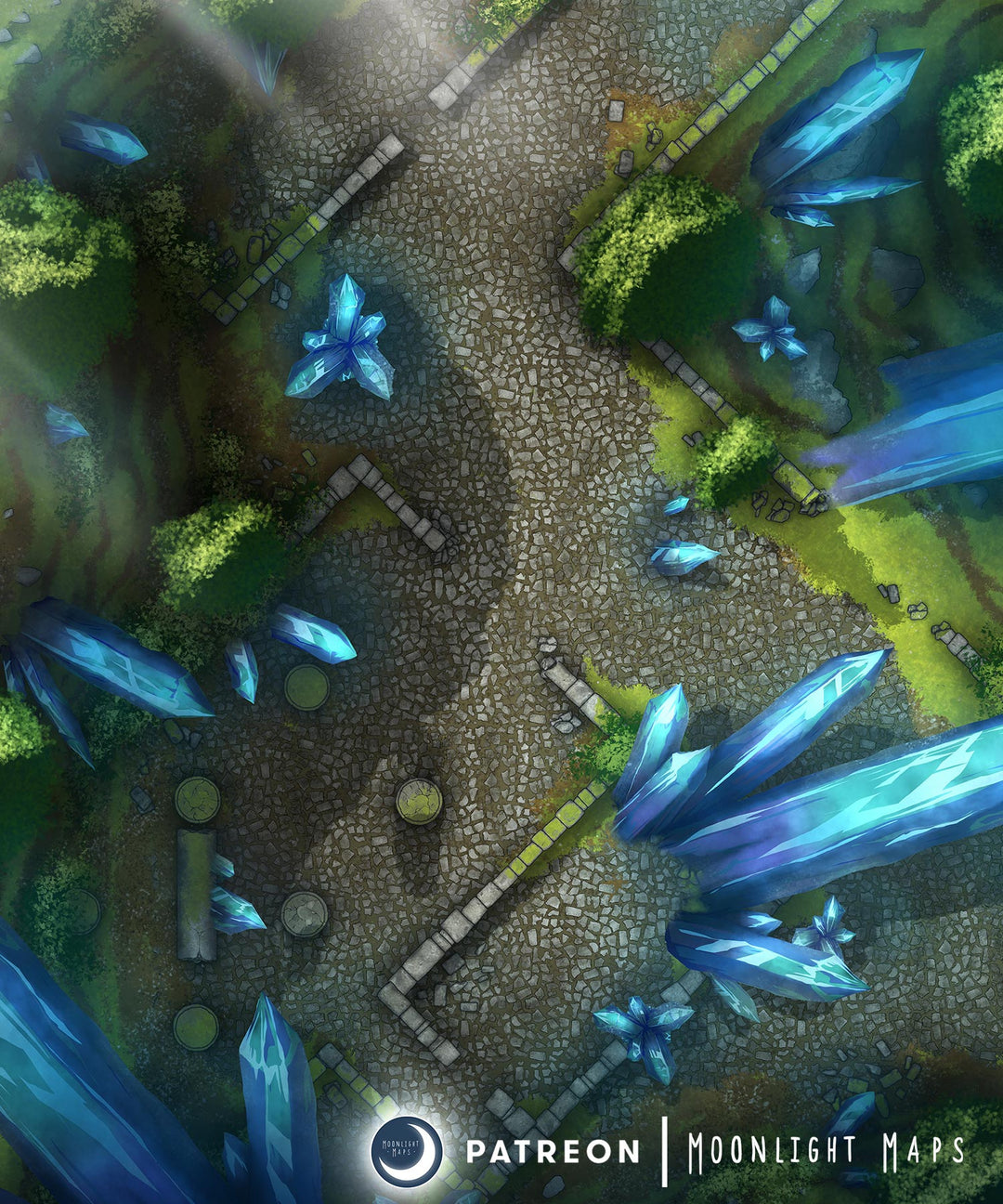 A variant of the ancient ruins battlemap with crystals coming out of the floor all over the map. 