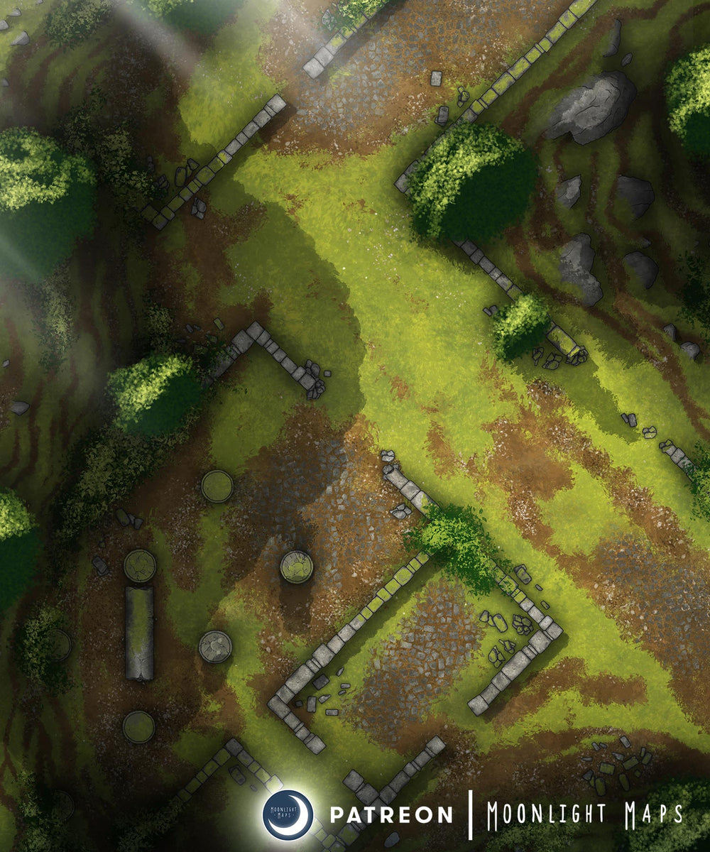 Day Variation of the Ancient Ruins battlemap. Includes walls, pillars in a forest or jungle setting. 