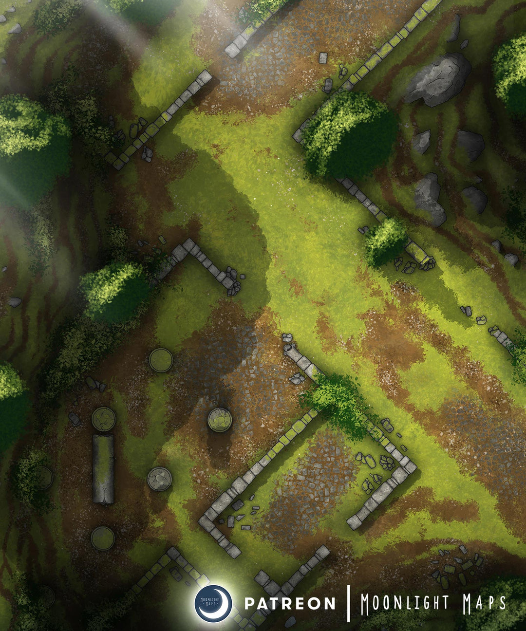 Day Variation of the Ancient Ruins battlemap. Includes walls, pillars in a forest or jungle setting. 