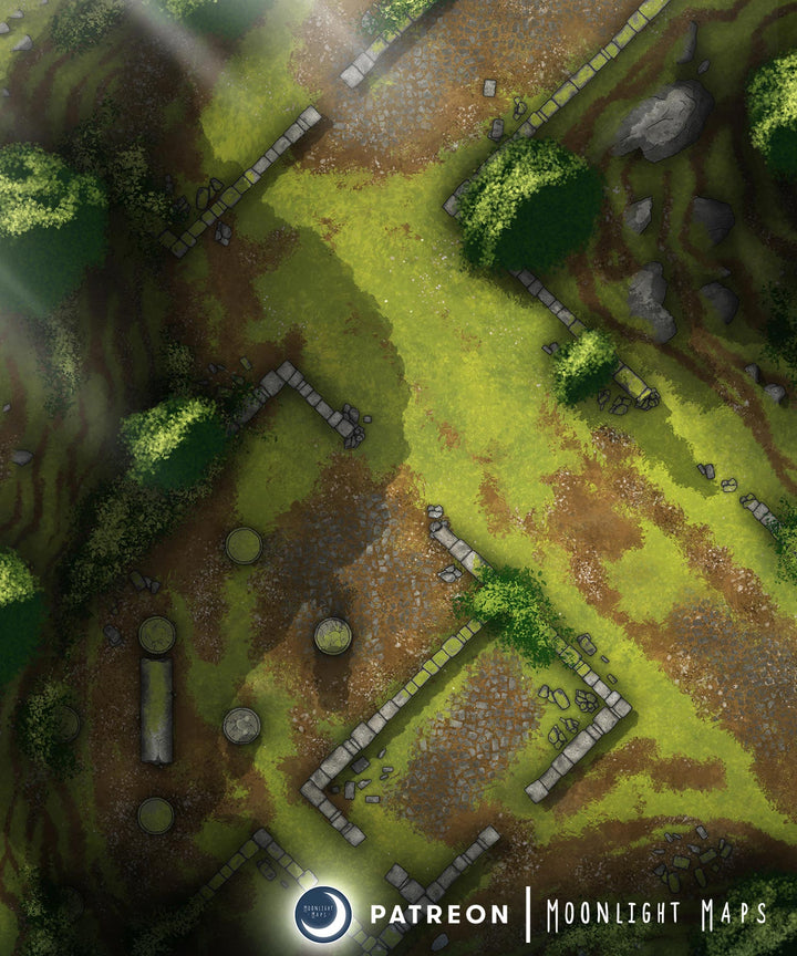 Day Variation of the Ancient Ruins battlemap. Includes walls, pillars in a forest or jungle setting. 