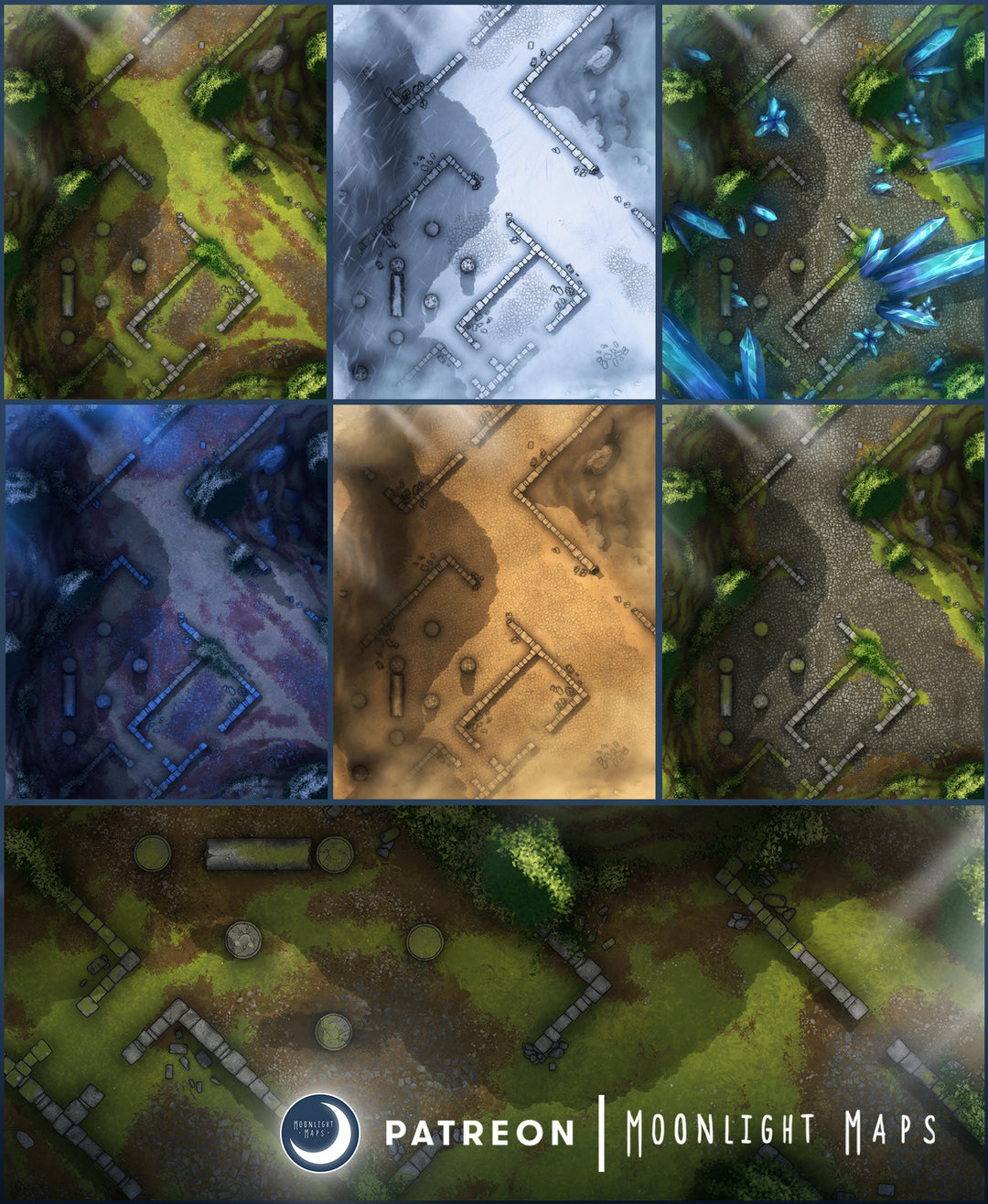 an image showing all variations of the ancient ruins battlemaps. 