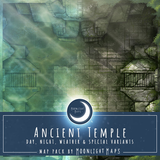 Ancient Temple battlemap showing two variations: underwater on the left and above ground - day time on the right.